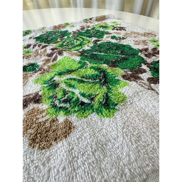 Vintage 70s bath towels, large green roses bouquet, fringed, 100% cotton, pair - Picture 6 of 9